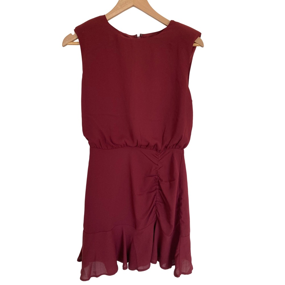 Express Conscious Edit Burgundy Sleeveless Ruched Ruffle Mini Dress S Wine Red